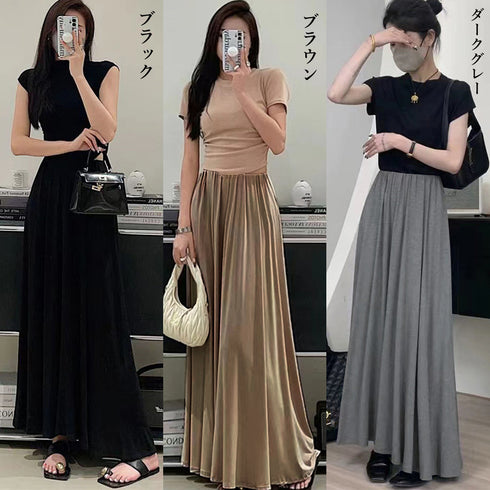 ロング丈とろみスカート レディース 春夏 韓国 低身長 マキシスカート きれいめ フレアスカート オフィスカジュアル aラインスカート 大人体型カバー 楽ちん夏服 80CHENRUN-001