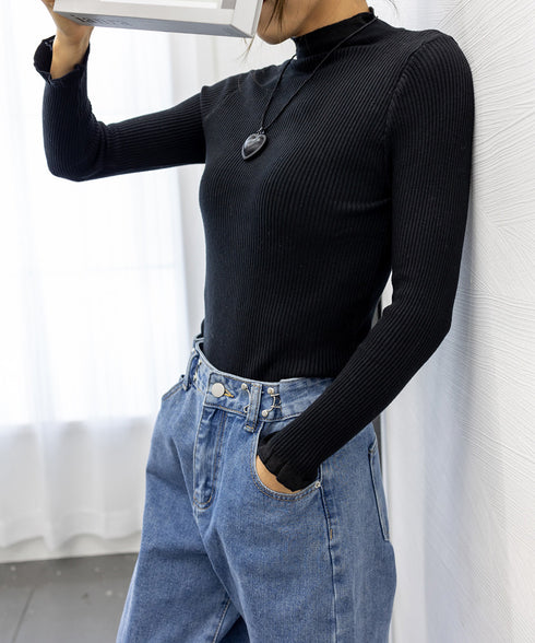 リブニットトップス きれいめ ハイネック ベーシック ニットインナー 着回しニット 重ね着 レイヤード フェミニン 長袖 ニットプルオーバーシンプル 無地 秋冬物 80CHENXN-001