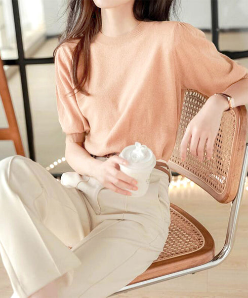 サマーニット パフスリーブ プルオーバー レディース クルーネック 五分袖ニットソー 冷感タッチ オフィスカジュアル 薄手トップス 春夏 秋服 ニットTシャツ無地 80CHENXN-002