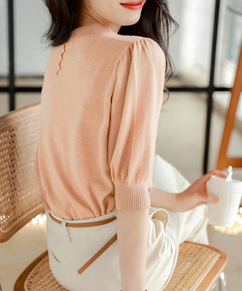 サマーニット パフスリーブ プルオーバー レディース クルーネック 五分袖ニットソー 冷感タッチ オフィスカジュアル 薄手トップス 春夏 秋服 ニットTシャツ無地 80CHENXN-002