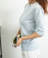 サマーニット パフスリーブ プルオーバー レディース クルーネック 五分袖ニットソー 冷感タッチ オフィスカジュアル 薄手トップス 春夏 秋服 ニットTシャツ無地 80CHENXN-002
