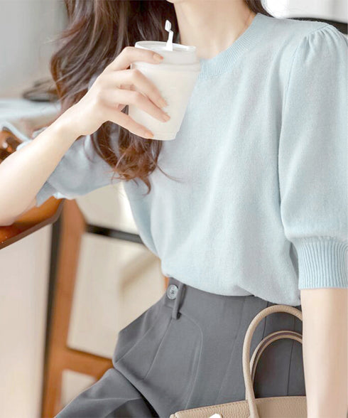 サマーニット パフスリーブ プルオーバー レディース クルーネック 五分袖ニットソー 冷感タッチ オフィスカジュアル 薄手トップス 春夏 秋服 ニットTシャツ無地 80CHENXN-002