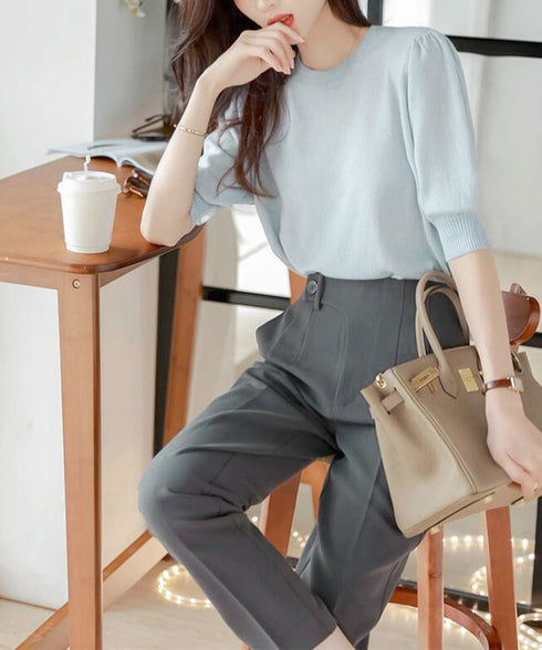 サマーニット パフスリーブ プルオーバー レディース クルーネック 五分袖ニットソー 冷感タッチ オフィスカジュアル 薄手トップス 春夏 秋服 ニットTシャツ無地 80CHENXN-002