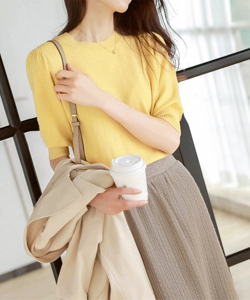 サマーニット パフスリーブ プルオーバー レディース クルーネック 五分袖ニットソー 冷感タッチ オフィスカジュアル 薄手トップス 春夏 秋服 ニットTシャツ無地 80CHENXN-002