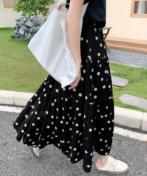 ドット柄ティアードスカートフレアスカート レディース ハイウエストロングスカート ウエストゴム 着やせ大人可愛いミモレスカート 裏地付きaラインスカート韓国風 80CHENXN-003