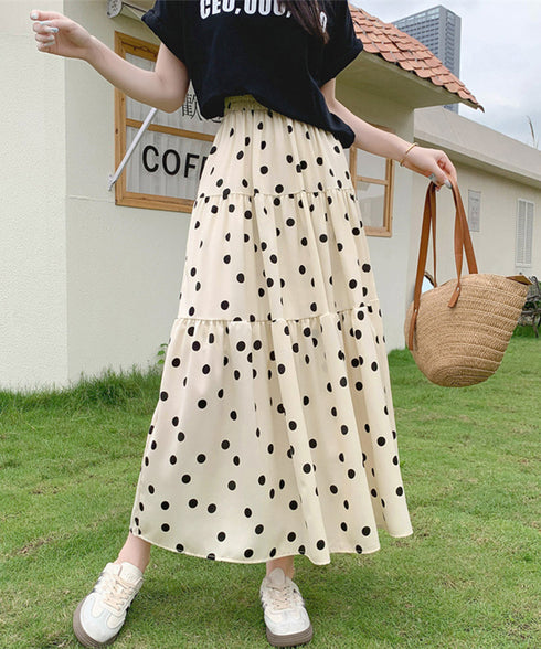 ドット柄ティアードスカートフレアスカート レディース ハイウエストロングスカート ウエストゴム 着やせ大人可愛いミモレスカート 裏地付きaラインスカート韓国風 80CHENXN-003