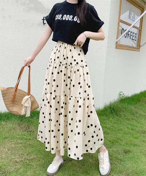 ドット柄ティアードスカートフレアスカート レディース ハイウエストロングスカート ウエストゴム 着やせ大人可愛いミモレスカート 裏地付きaラインスカート韓国風 80CHENXN-003