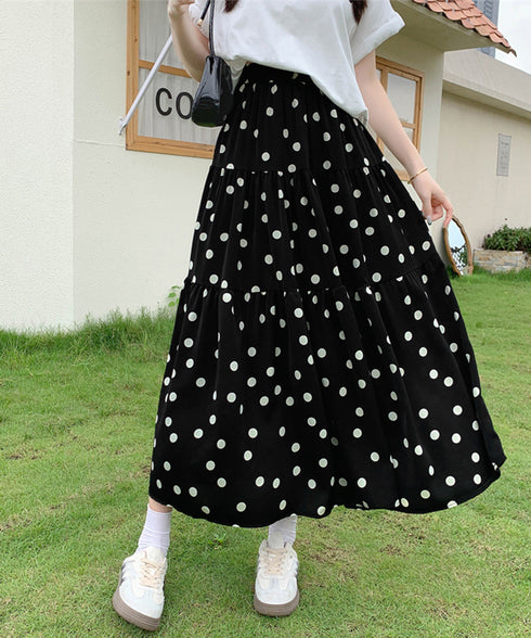 ドット柄ティアードスカートフレアスカート レディース ハイウエストロングスカート ウエストゴム 着やせ大人可愛いミモレスカート 裏地付きaラインスカート韓国風 80CHENXN-003