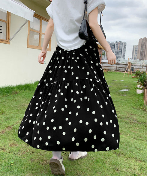 ドット柄ティアードスカートフレアスカート レディース ハイウエストロングスカート ウエストゴム 着やせ大人可愛いミモレスカート 裏地付きaラインスカート韓国風 80CHENXN-003
