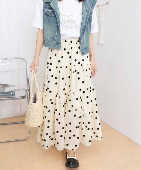 ドット柄ティアードスカートフレアスカート レディース ハイウエストロングスカート ウエストゴム 着やせ大人可愛いミモレスカート 裏地付きaラインスカート韓国風 80CHENXN-003