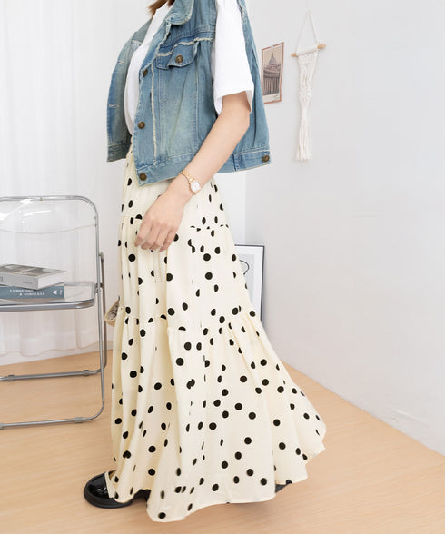 ドット柄ティアードスカートフレアスカート レディース ハイウエストロングスカート ウエストゴム 着やせ大人可愛いミモレスカート 裏地付きaラインスカート韓国風 80CHENXN-003