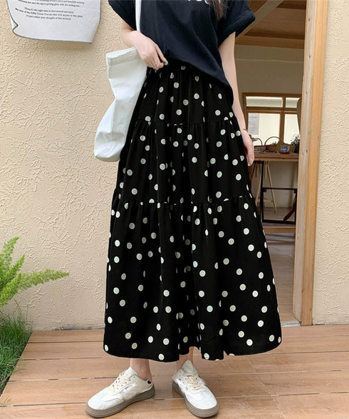ドット柄ティアードスカートフレアスカート レディース ハイウエストロングスカート ウエストゴム 着やせ大人可愛いミモレスカート 裏地付きaラインスカート韓国風 80CHENXN-003