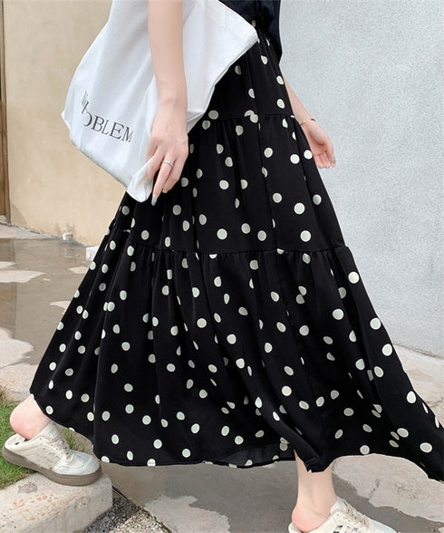 ドット柄ティアードスカートフレアスカート レディース ハイウエストロングスカート ウエストゴム 着やせ大人可愛いミモレスカート 裏地付きaラインスカート韓国風 80CHENXN-003