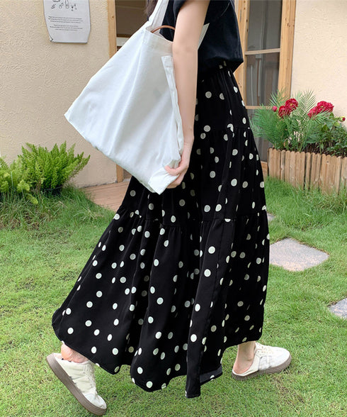 ドット柄ティアードスカートフレアスカート レディース ハイウエストロングスカート ウエストゴム 着やせ大人可愛いミモレスカート 裏地付きaラインスカート韓国風 80CHENXN-003