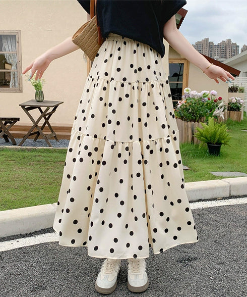 ドット柄ティアードスカートフレアスカート レディース ハイウエストロングスカート ウエストゴム 着やせ大人可愛いミモレスカート 裏地付きaラインスカート韓国風 80CHENXN-003