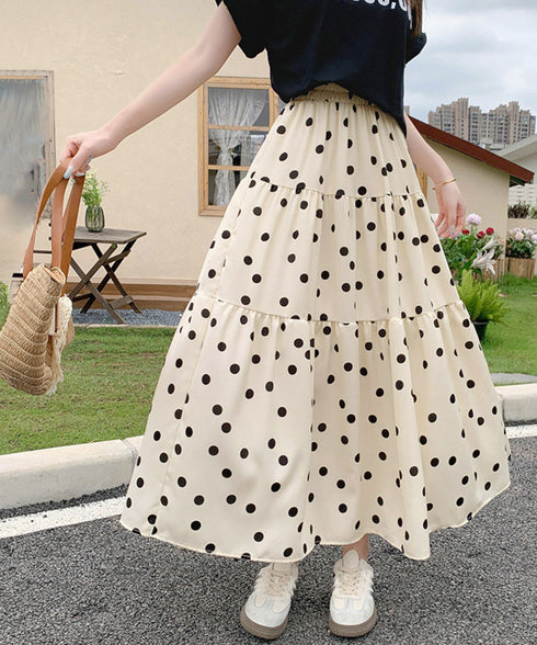 ドット柄ティアードスカートフレアスカート レディース ハイウエストロングスカート ウエストゴム 着やせ大人可愛いミモレスカート 裏地付きaラインスカート韓国風 80CHENXN-003