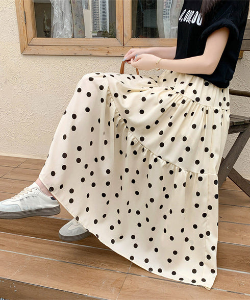 ドット柄ティアードスカートフレアスカート レディース ハイウエストロングスカート ウエストゴム 着やせ大人可愛いミモレスカート 裏地付きaラインスカート韓国風 80CHENXN-003