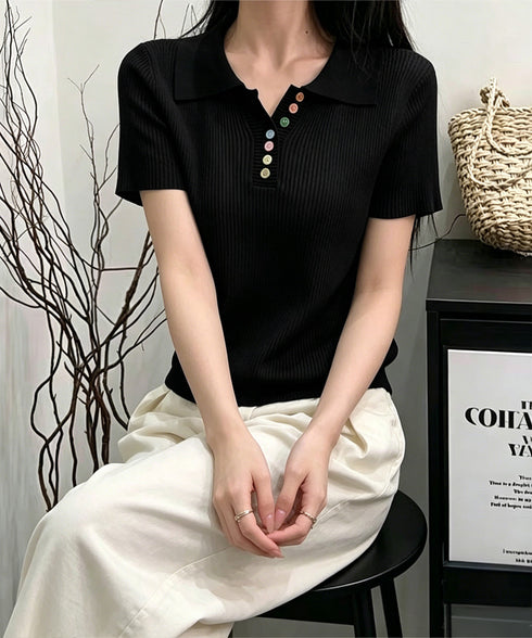 カラフルボタンポロシャツ 半袖リブニット 襟付きサマーニットレディース 春夏トップス新作 大人可愛い Vネック カラーボタンニットTシャツカジュアルきれいめ韓国風 80CHENXN-004