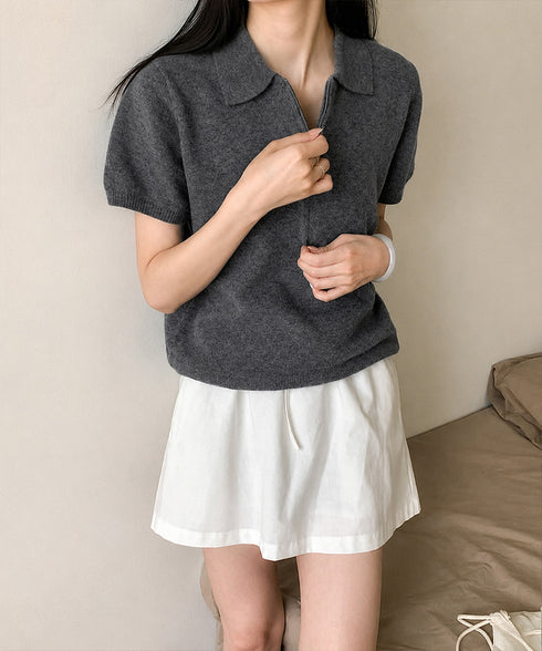ハーフジップポロシャツ 半袖サマーニット 韓国風ニットトップス レディース春夏服 オフィスカジュアル 大人可愛い 襟付きプルオーバー 薄手ニットTシャツニットソー 80CHENXN-005