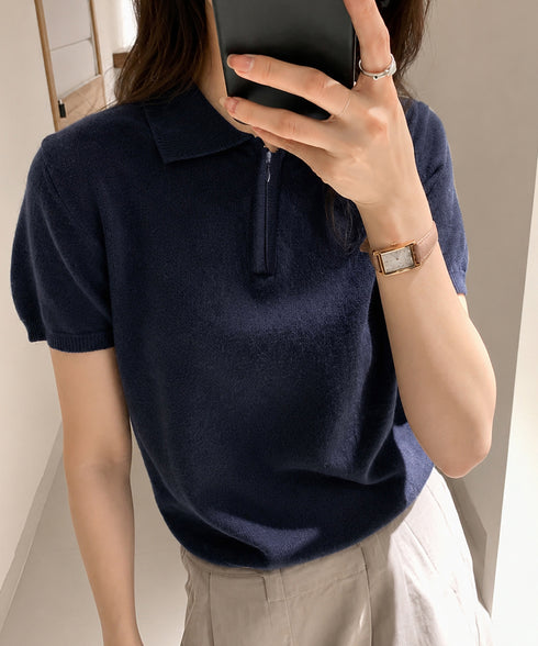 ハーフジップポロシャツ 半袖サマーニット 韓国風ニットトップス レディース春夏服 オフィスカジュアル 大人可愛い 襟付きプルオーバー 薄手ニットTシャツニットソー 80CHENXN-005