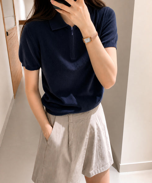 ハーフジップポロシャツ 半袖サマーニット 韓国風ニットトップス レディース春夏服 オフィスカジュアル 大人可愛い 襟付きプルオーバー 薄手ニットTシャツニットソー 80CHENXN-005