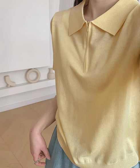 ハーフジップポロシャツ 半袖サマーニット 韓国風ニットトップス レディース春夏服 オフィスカジュアル 大人可愛い 襟付きプルオーバー 薄手ニットTシャツニットソー 80CHENXN-005