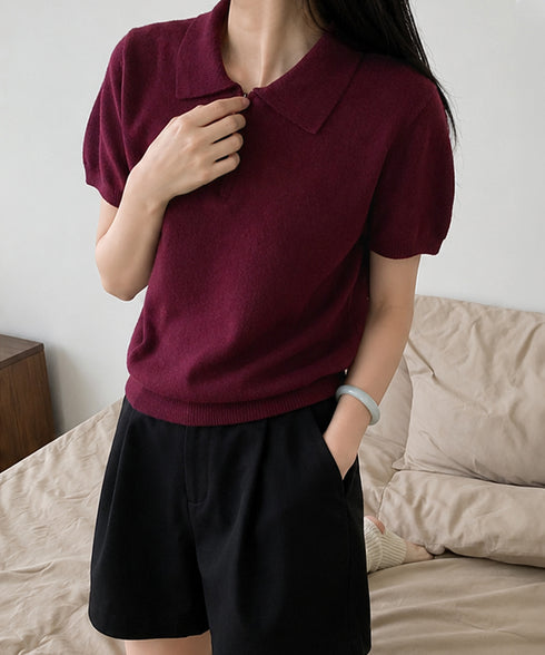 ハーフジップポロシャツ 半袖サマーニット 韓国風ニットトップス レディース春夏服 オフィスカジュアル 大人可愛い 襟付きプルオーバー 薄手ニットTシャツニットソー 80CHENXN-005