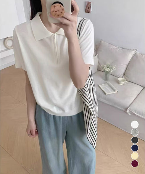 ハーフジップポロシャツ 半袖サマーニット 韓国風ニットトップス レディース春夏服 オフィスカジュアル 大人可愛い 襟付きプルオーバー 薄手ニットTシャツニットソー 80CHENXN-005