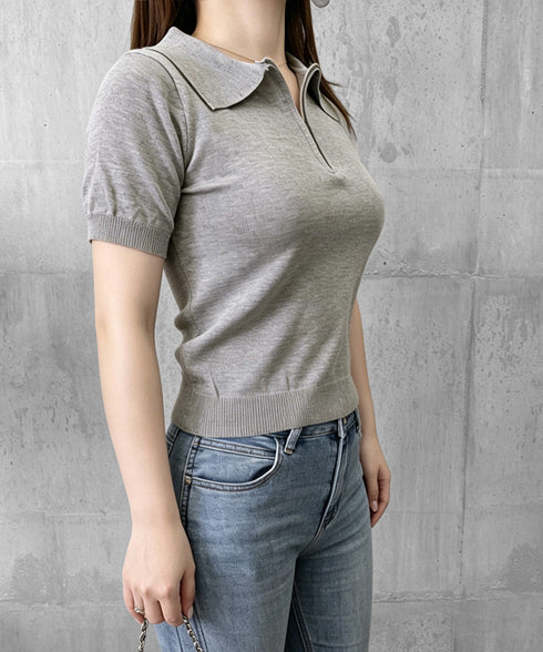 ハーフジップポロシャツ 半袖サマーニット 韓国風ニットトップス レディース春夏服 オフィスカジュアル 大人可愛い 襟付きプルオーバー 薄手ニットTシャツニットソー 80CHENXN-005