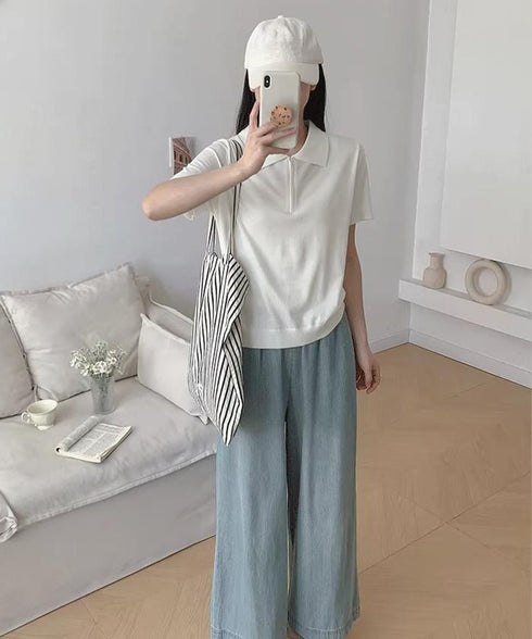 ハーフジップポロシャツ 半袖サマーニット 韓国風ニットトップス レディース春夏服 オフィスカジュアル 大人可愛い 襟付きプルオーバー 薄手ニットTシャツニットソー 80CHENXN-005