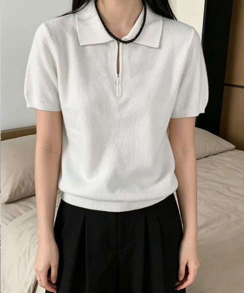 ハーフジップポロシャツ 半袖サマーニット 韓国風ニットトップス レディース春夏服 オフィスカジュアル 大人可愛い 襟付きプルオーバー 薄手ニットTシャツニットソー 80CHENXN-005