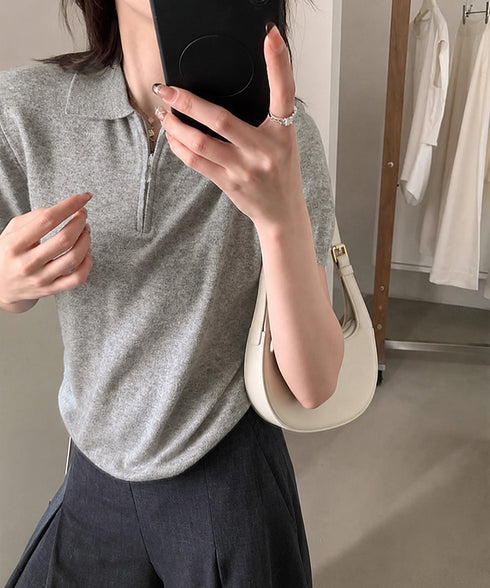 ハーフジップポロシャツ 半袖サマーニット 韓国風ニットトップス レディース春夏服 オフィスカジュアル 大人可愛い 襟付きプルオーバー 薄手ニットTシャツニットソー 80CHENXN-005