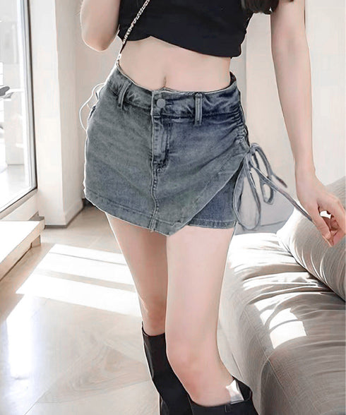 サイドリボンデニムショートパンツスカート レディース ハイウエスデニムキュロット 美脚脚長ミニスカ風ショーパン おしゃれラップ風デニム短パン 着やせ韓国風スカパン 80CHUNTAI-001