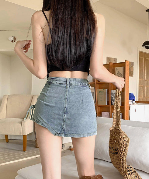 サイドリボンデニムショートパンツスカート レディース ハイウエスデニムキュロット 美脚脚長ミニスカ風ショーパン おしゃれラップ風デニム短パン 着やせ韓国風スカパン 80CHUNTAI-001