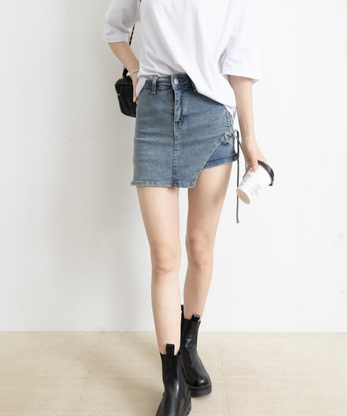 サイドリボンデニムショートパンツスカート レディース ハイウエスデニムキュロット 美脚脚長ミニスカ風ショーパン おしゃれラップ風デニム短パン 着やせ韓国風スカパン 80CHUNTAI-001