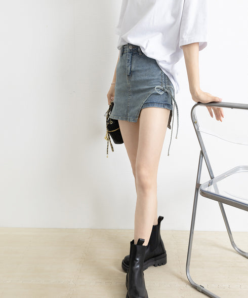 サイドリボンデニムショートパンツスカート レディース ハイウエスデニムキュロット 美脚脚長ミニスカ風ショーパン おしゃれラップ風デニム短パン 着やせ韓国風スカパン 80CHUNTAI-001