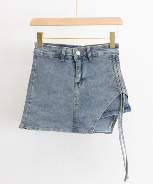 サイドリボンデニムショートパンツスカート レディース ハイウエスデニムキュロット 美脚脚長ミニスカ風ショーパン おしゃれラップ風デニム短パン 着やせ韓国風スカパン 80CHUNTAI-001