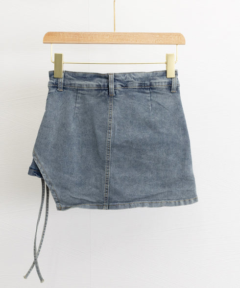 サイドリボンデニムショートパンツスカート レディース ハイウエスデニムキュロット 美脚脚長ミニスカ風ショーパン おしゃれラップ風デニム短パン 着やせ韓国風スカパン 80CHUNTAI-001