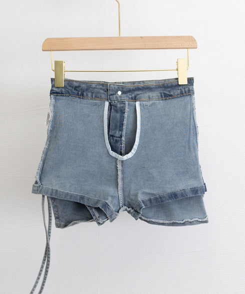 サイドリボンデニムショートパンツスカート レディース ハイウエスデニムキュロット 美脚脚長ミニスカ風ショーパン おしゃれラップ風デニム短パン 着やせ韓国風スカパン 80CHUNTAI-001