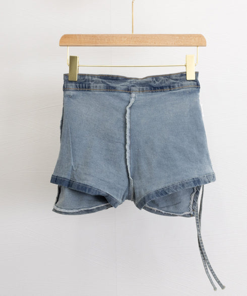 サイドリボンデニムショートパンツスカート レディース ハイウエスデニムキュロット 美脚脚長ミニスカ風ショーパン おしゃれラップ風デニム短パン 着やせ韓国風スカパン 80CHUNTAI-001