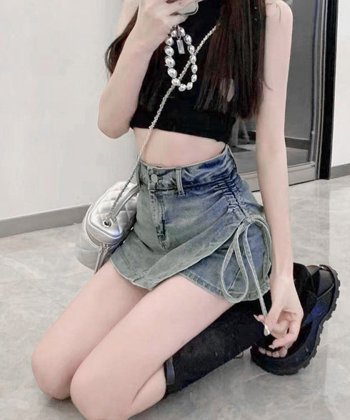 サイドリボンデニムショートパンツスカート レディース ハイウエスデニムキュロット 美脚脚長ミニスカ風ショーパン おしゃれラップ風デニム短パン 着やせ韓国風スカパン 80CHUNTAI-001