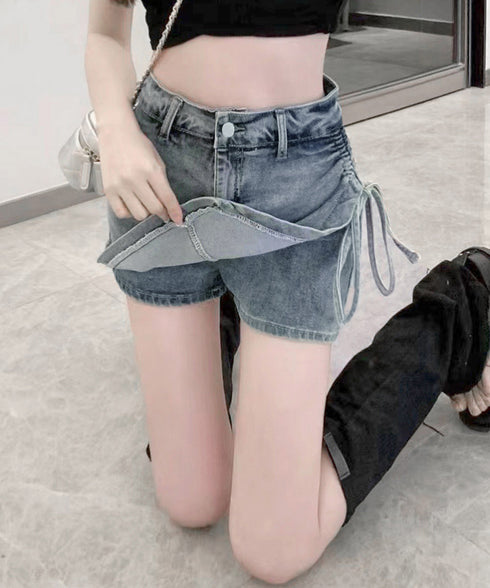 サイドリボンデニムショートパンツスカート レディース ハイウエスデニムキュロット 美脚脚長ミニスカ風ショーパン おしゃれラップ風デニム短パン 着やせ韓国風スカパン 80CHUNTAI-001