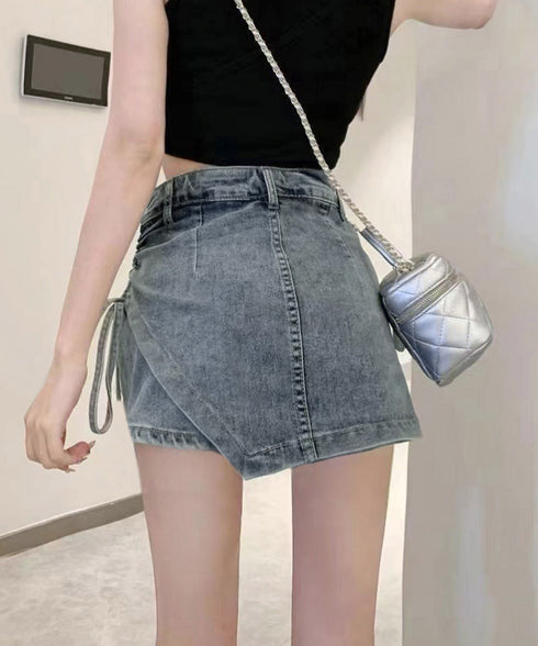 サイドリボンデニムショートパンツスカート レディース ハイウエスデニムキュロット 美脚脚長ミニスカ風ショーパン おしゃれラップ風デニム短パン 着やせ韓国風スカパン 80CHUNTAI-001