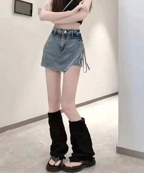 サイドリボンデニムショートパンツスカート レディース ハイウエスデニムキュロット 美脚脚長ミニスカ風ショーパン おしゃれラップ風デニム短パン 着やせ韓国風スカパン 80CHUNTAI-001