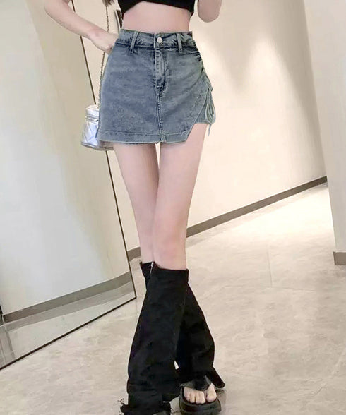 サイドリボンデニムショートパンツスカート レディース ハイウエスデニムキュロット 美脚脚長ミニスカ風ショーパン おしゃれラップ風デニム短パン 着やせ韓国風スカパン 80CHUNTAI-001