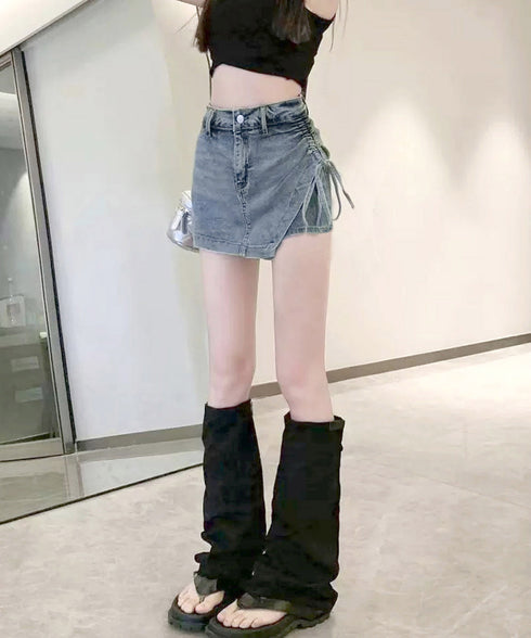 サイドリボンデニムショートパンツスカート レディース ハイウエスデニムキュロット 美脚脚長ミニスカ風ショーパン おしゃれラップ風デニム短パン 着やせ韓国風スカパン 80CHUNTAI-001