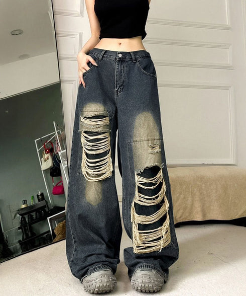 ダメージバギーデニムパンツヴィンテージ風 レディース ゆるレトロデニムワイドパンツ 韓国風ジーパン カジュアル 後ろゴムジーンズ 体型カバーロングパンツ 春秋夏冬 80CHUNTAI-003