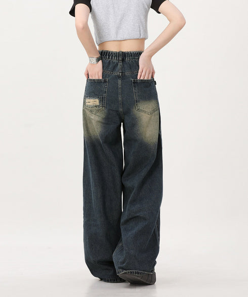 ダメージバギーデニムパンツヴィンテージ風 レディース ゆるレトロデニムワイドパンツ 韓国風ジーパン カジュアル 後ろゴムジーンズ 体型カバーロングパンツ 春秋夏冬 80CHUNTAI-003