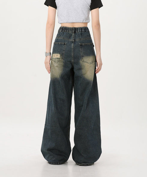 ダメージバギーデニムパンツヴィンテージ風 レディース ゆるレトロデニムワイドパンツ 韓国風ジーパン カジュアル 後ろゴムジーンズ 体型カバーロングパンツ 春秋夏冬 80CHUNTAI-003