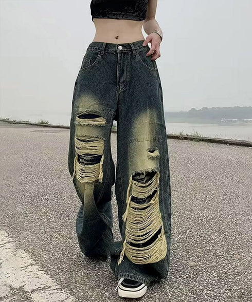ダメージバギーデニムパンツヴィンテージ風 レディース ゆるレトロデニムワイドパンツ 韓国風ジーパン カジュアル 後ろゴムジーンズ 体型カバーロングパンツ 春秋夏冬 80CHUNTAI-003